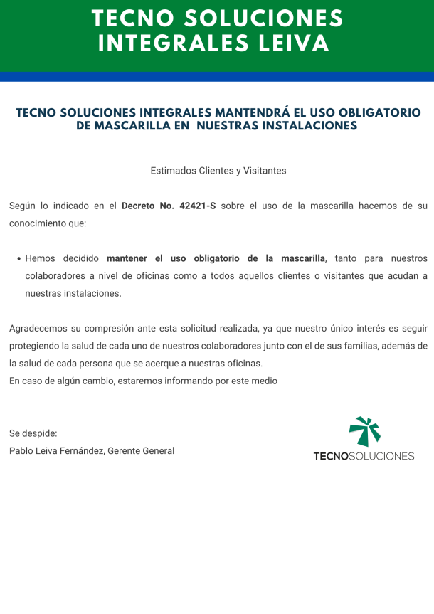 Politica interna sobre el uso de mascarillas en nuestras instalaciones en Costa Rica